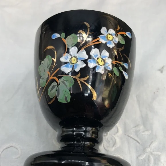 Vintage Black Art Glass Hand Painted Enamel Decoration Large Egg Cup/ Small Vase - Picture 5 of 5